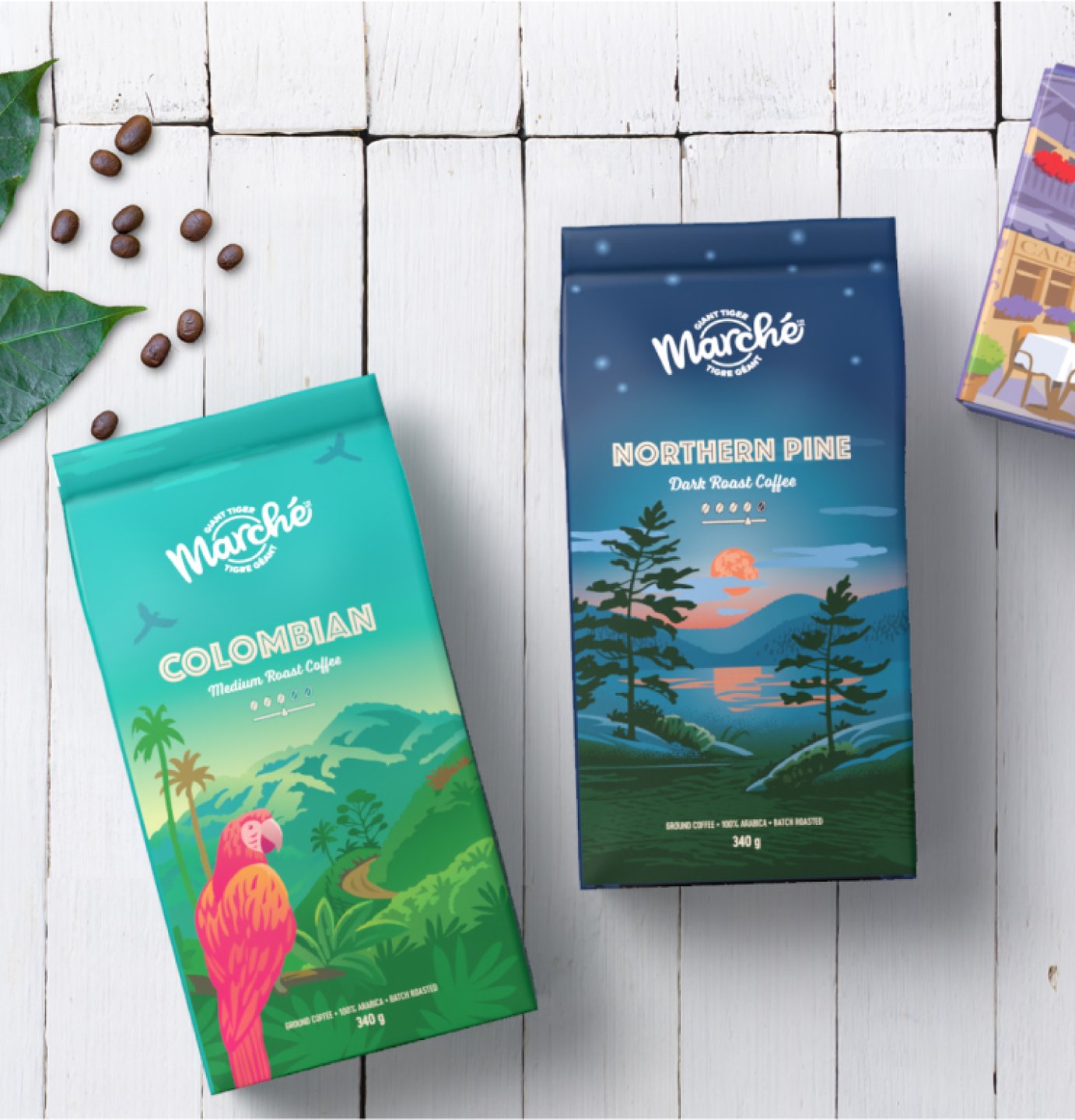 Marche Colombian and Northern Pine coffee bags on white boards with coffee beans