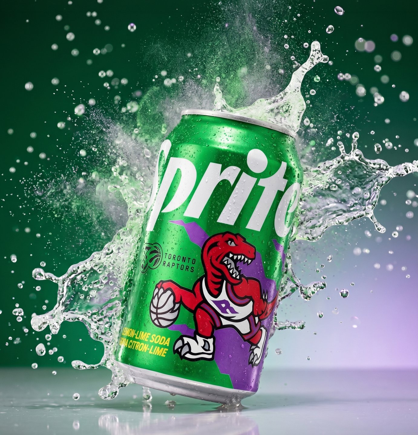 The Sprite Toronto Raptors can splashing through water on a green and purple background