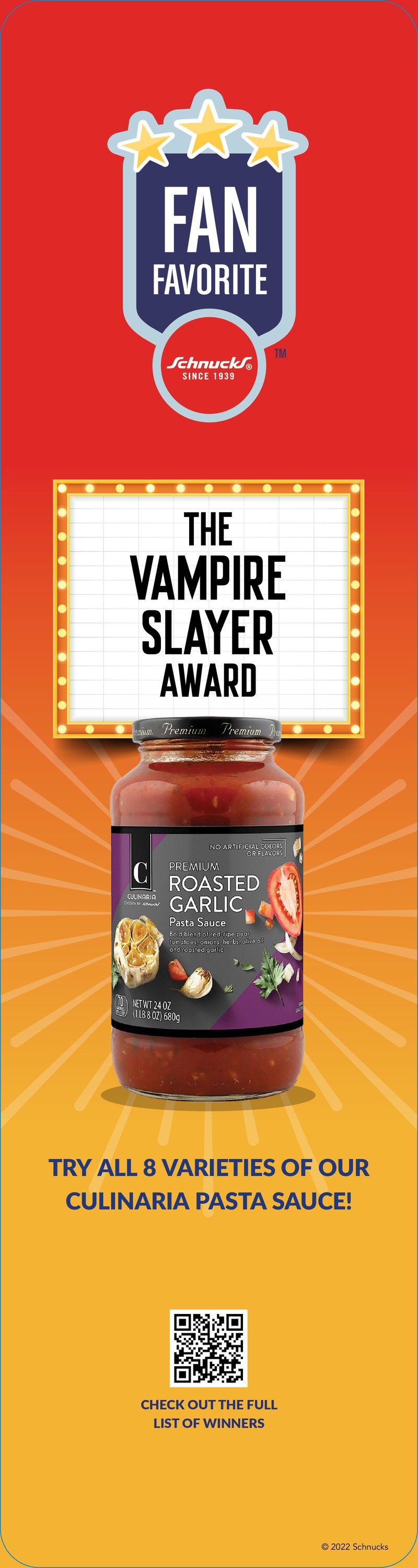 A Schnucks Fan Favorite blade sign: 'The Vampire Slayer Award' for a jar of Culinaria roasted garlic pasta sauce