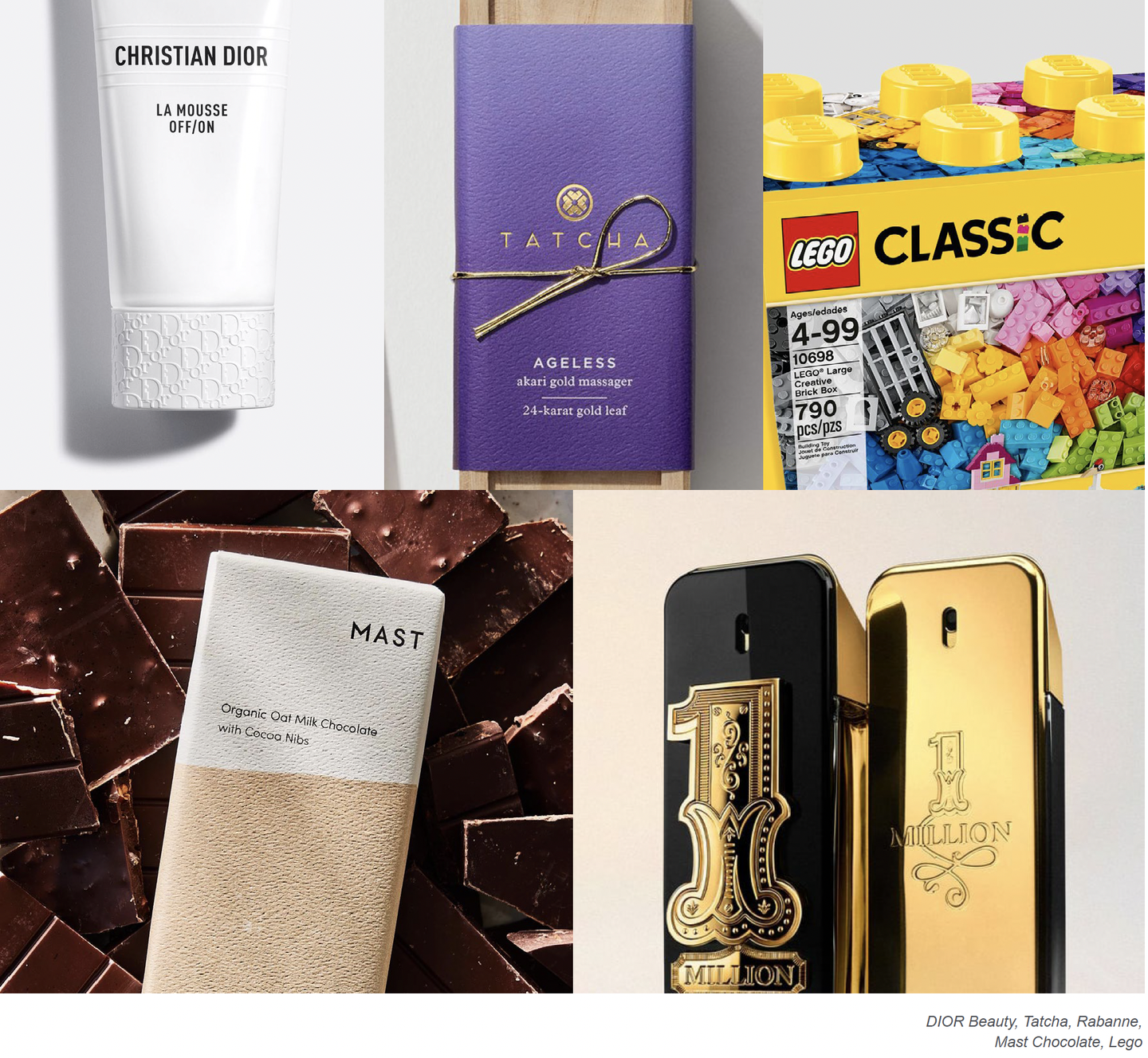 Tactile finishes: an embossed Christian Dior tube, Tatcha's purple box, a Lego Classic box, Mast chocolate paper and Rabanne's 1 Million gold bottle