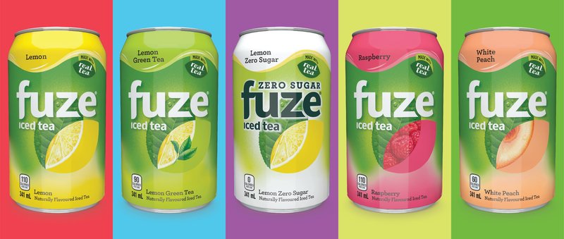 Five Fuze iced tea cans on bright colour panels: Lemon, Lemon Green Tea, Lemon Zero Sugar, Raspberry and White Peach