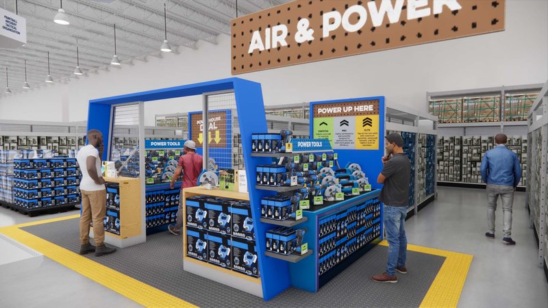 Conceptual rendering of the Air & Power feature area: a blue display frame of air tools with shoppers browsing