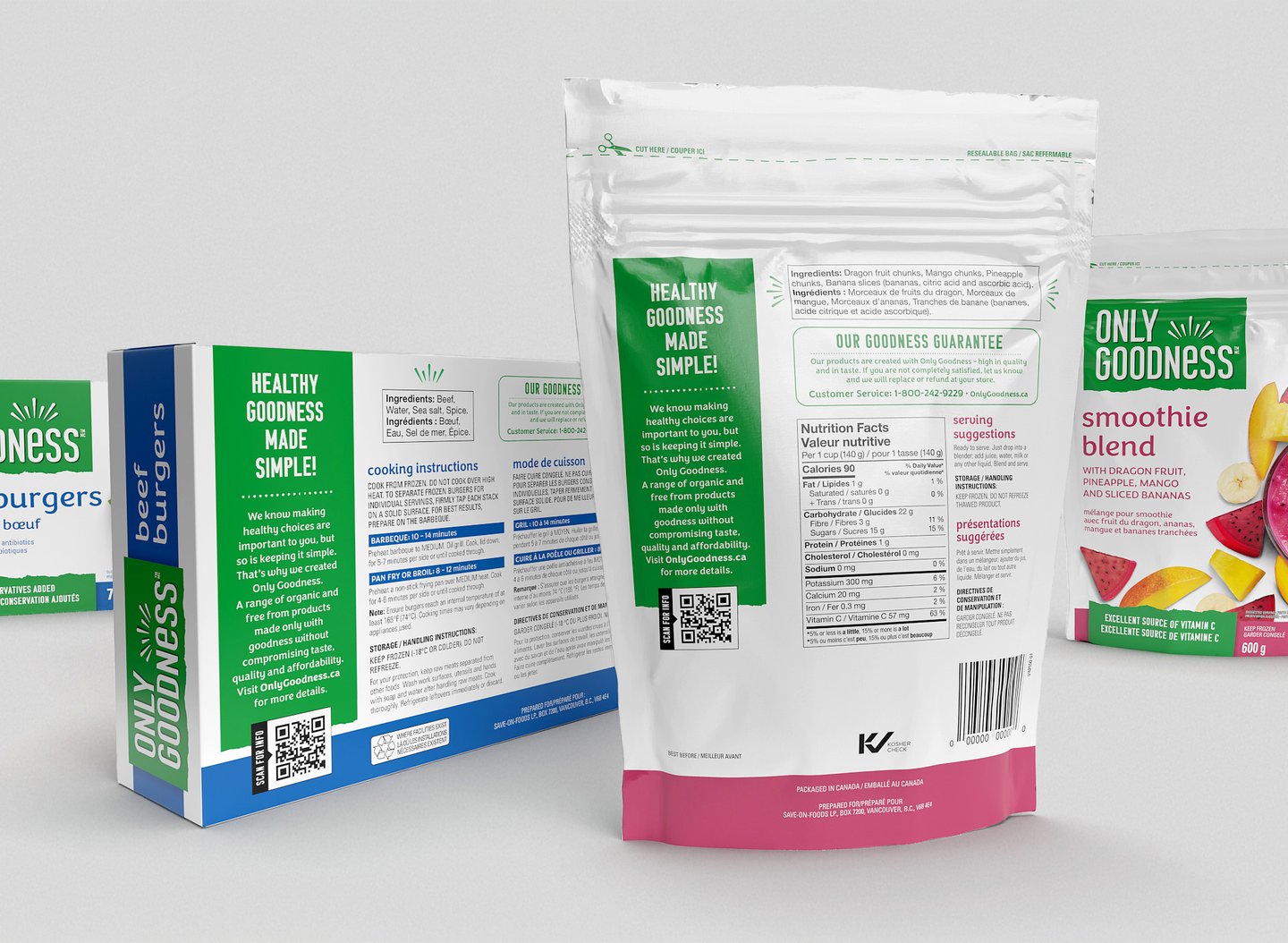 Only Goodness beef burger box and smoothie blend pouch, each carrying a QR code