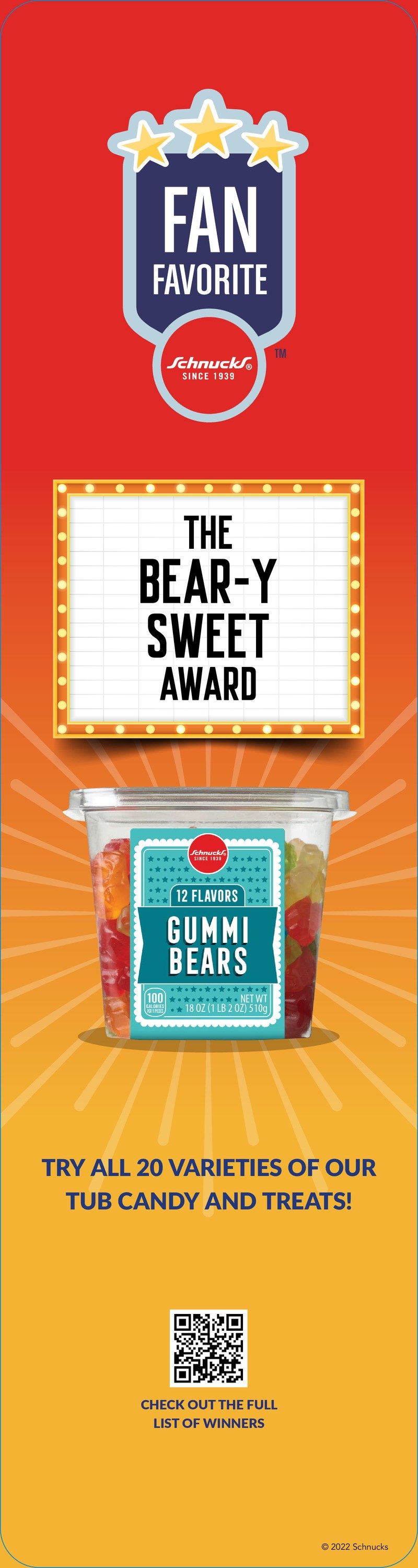 A Schnucks Fan Favorite blade sign: 'The Bear-y Sweet Award' for a tub of gummi bears