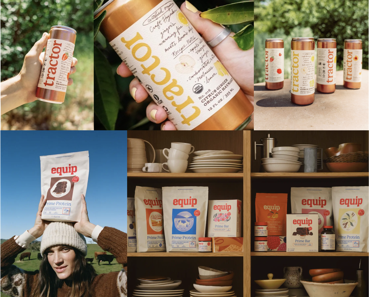 Rustic packaging: Tractor Beverage Co. cans, and Equip protein bags held up on a farm and lined along a kitchen shelf