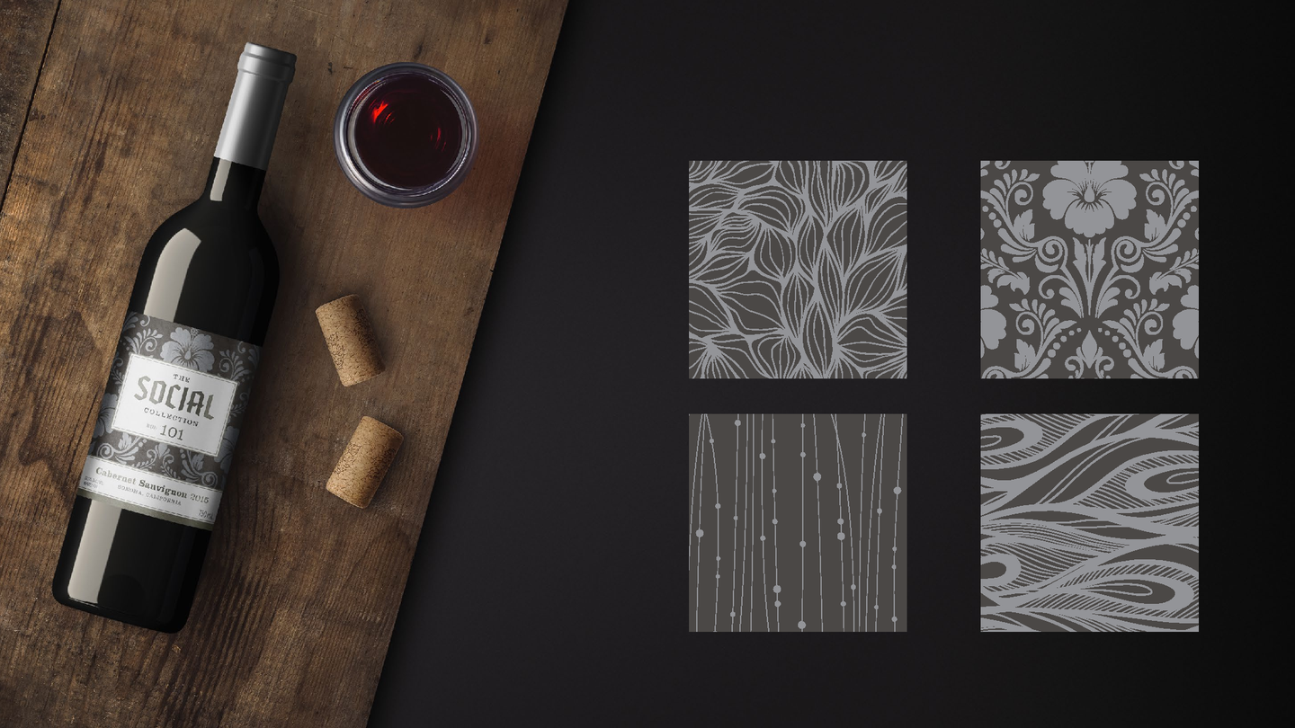 A bottle of The Social Collection Cabernet Sauvignon beside four of the collection's label patterns: leaves, damask, stars and waves