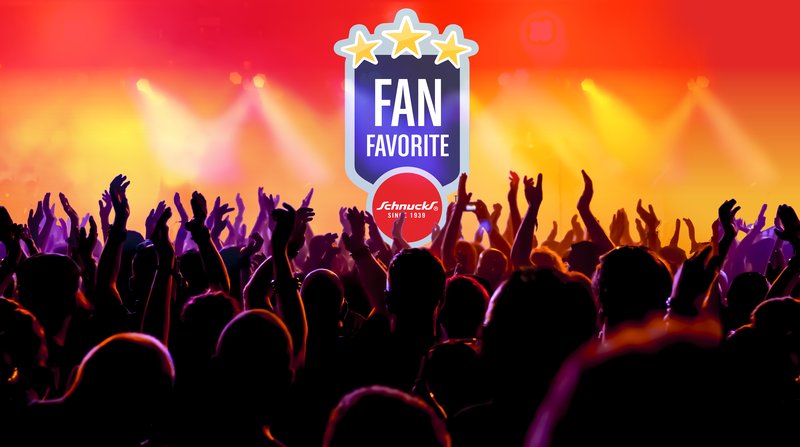 The Schnucks Fan Favorite badge, a blue shield with gold stars, over a concert crowd with raised hands
