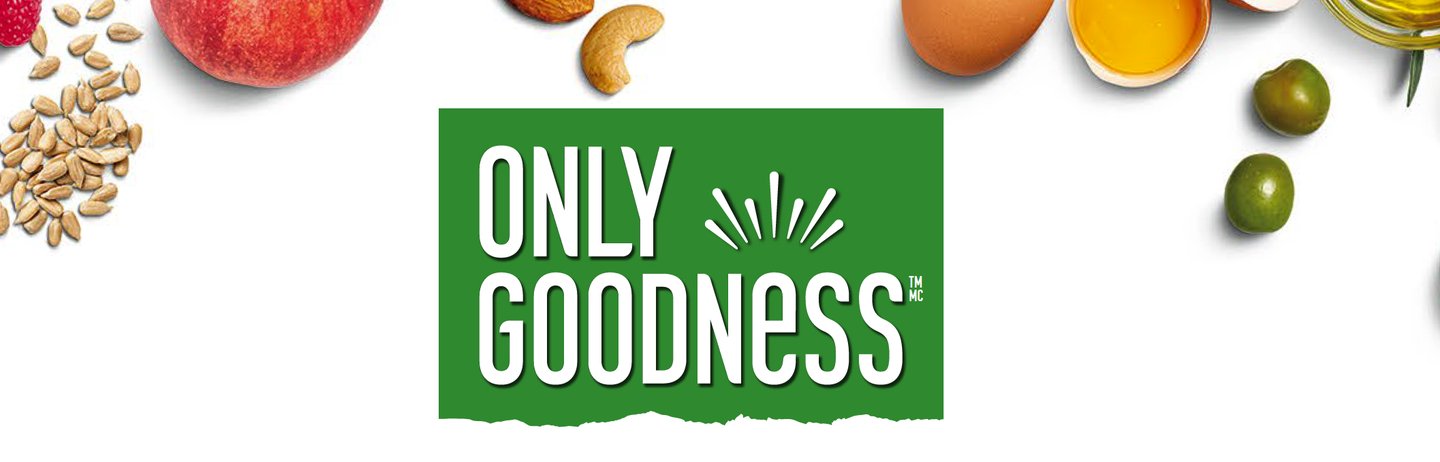 The Only Goodness logo in white on green, with nuts, fruit and olives at the edges