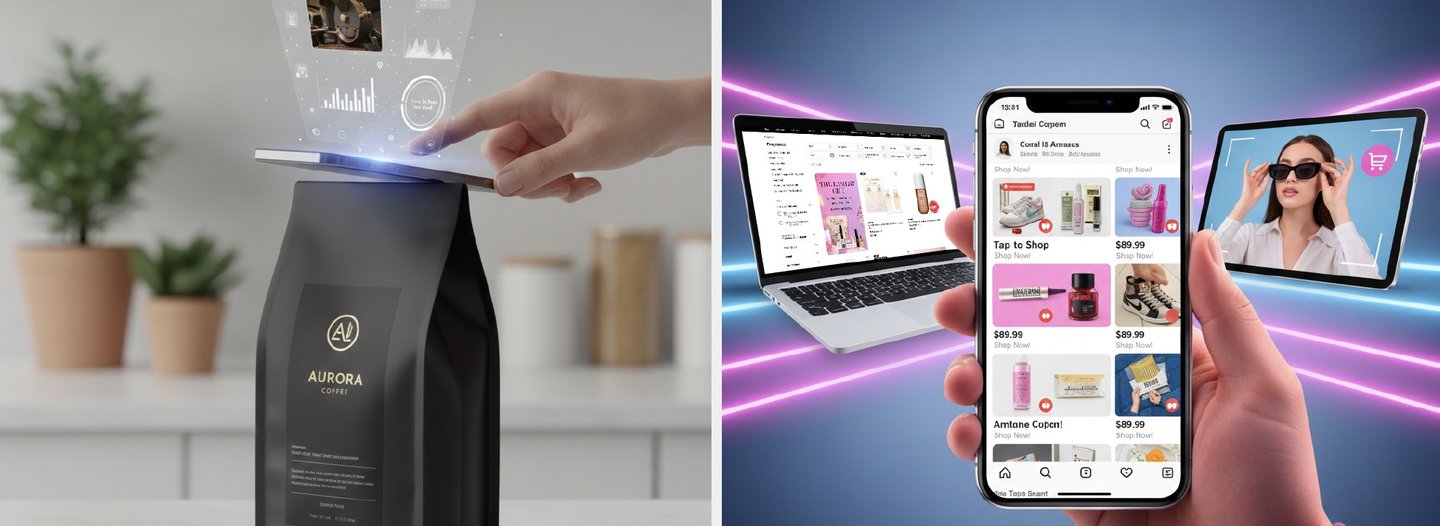 A phone tapping an NFC tag on a coffee bag, beside a laptop and phone showing shoppable social content