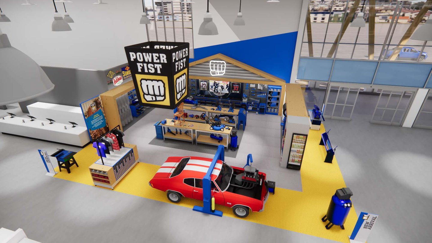 Conceptual rendering of the Powerfist zone at the entrance, a garage set with a red muscle car on a lift, workbenches and tool displays