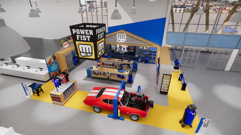 Conceptual rendering of the Powerfist zone at the entrance, a garage set with a red muscle car on a lift, workbenches and tool displays