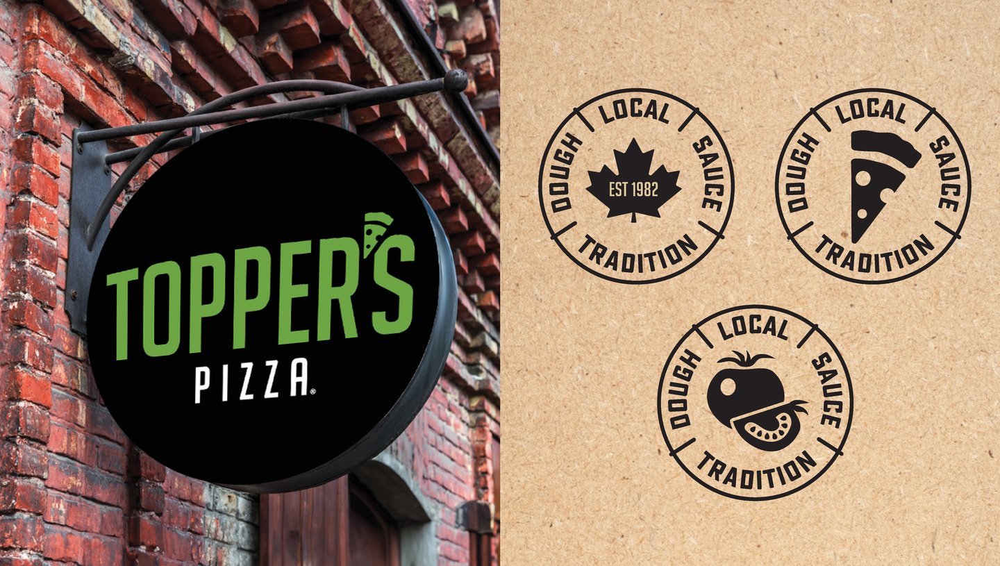 The round black Topper's Pizza sign on a brick wall, beside the 'Dough, Local, Sauce, Tradition' stamp marks on kraft paper