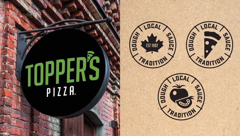 The round black Topper's Pizza sign on a brick wall, beside the 'Dough, Local, Sauce, Tradition' stamp marks on kraft paper