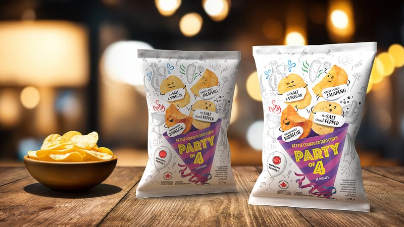 Two Party of 4 kettle cooked chip bags on a wooden table with a bowl of chips, in warm bokeh light