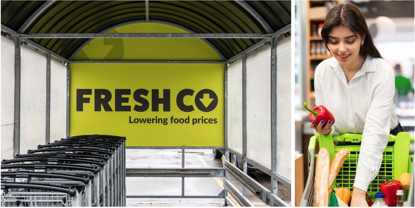 A FreshCo cart corral with the lime green logo, beside a shopper choosing peppers in the produce section