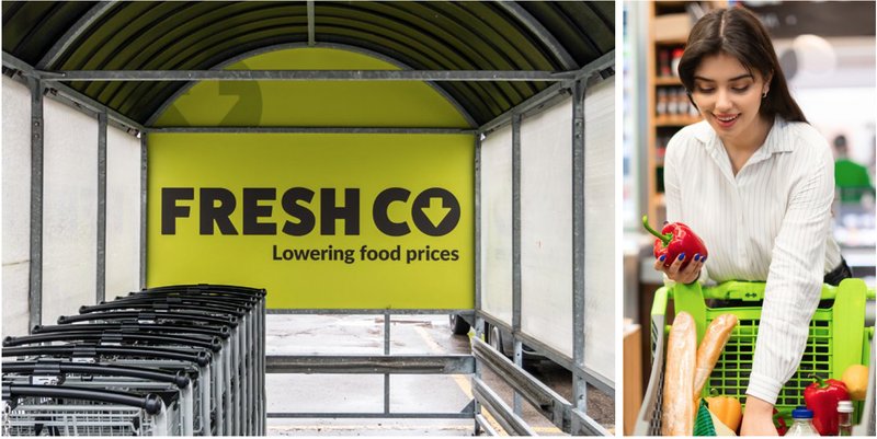 A FreshCo cart corral with the lime green logo, beside a shopper choosing peppers in the produce section