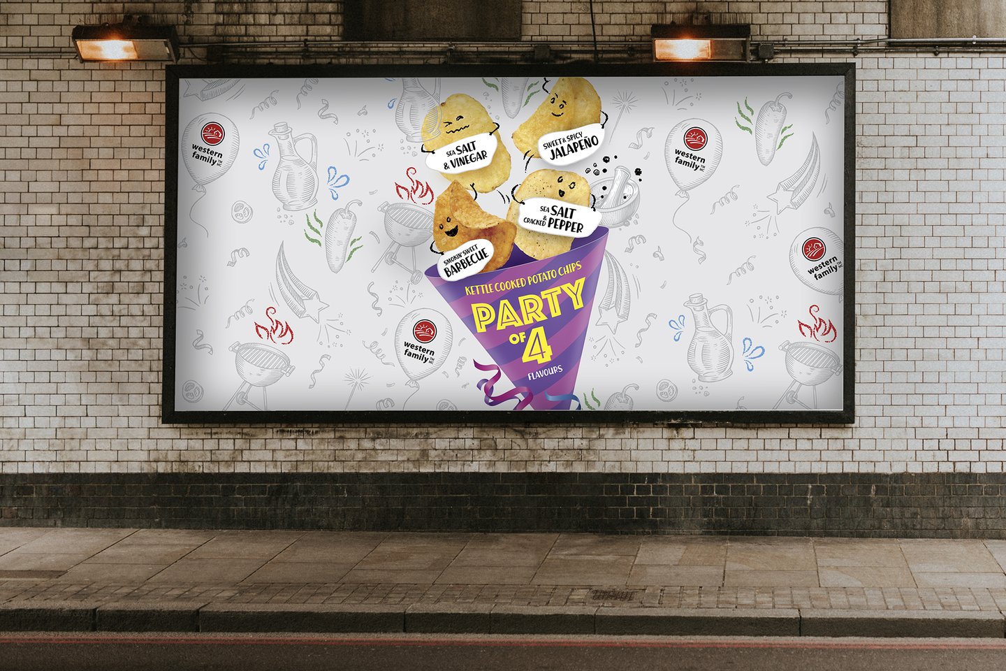 A Party of 4 kettle cooked chips billboard on a tiled subway wall, with four chip characters in a purple party cone