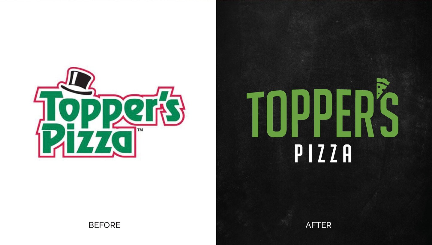The Topper's Pizza logo before and after: the old green and red cartoon lettering with a top hat, and the new green wordmark with a pizza-slice apostrophe on black
