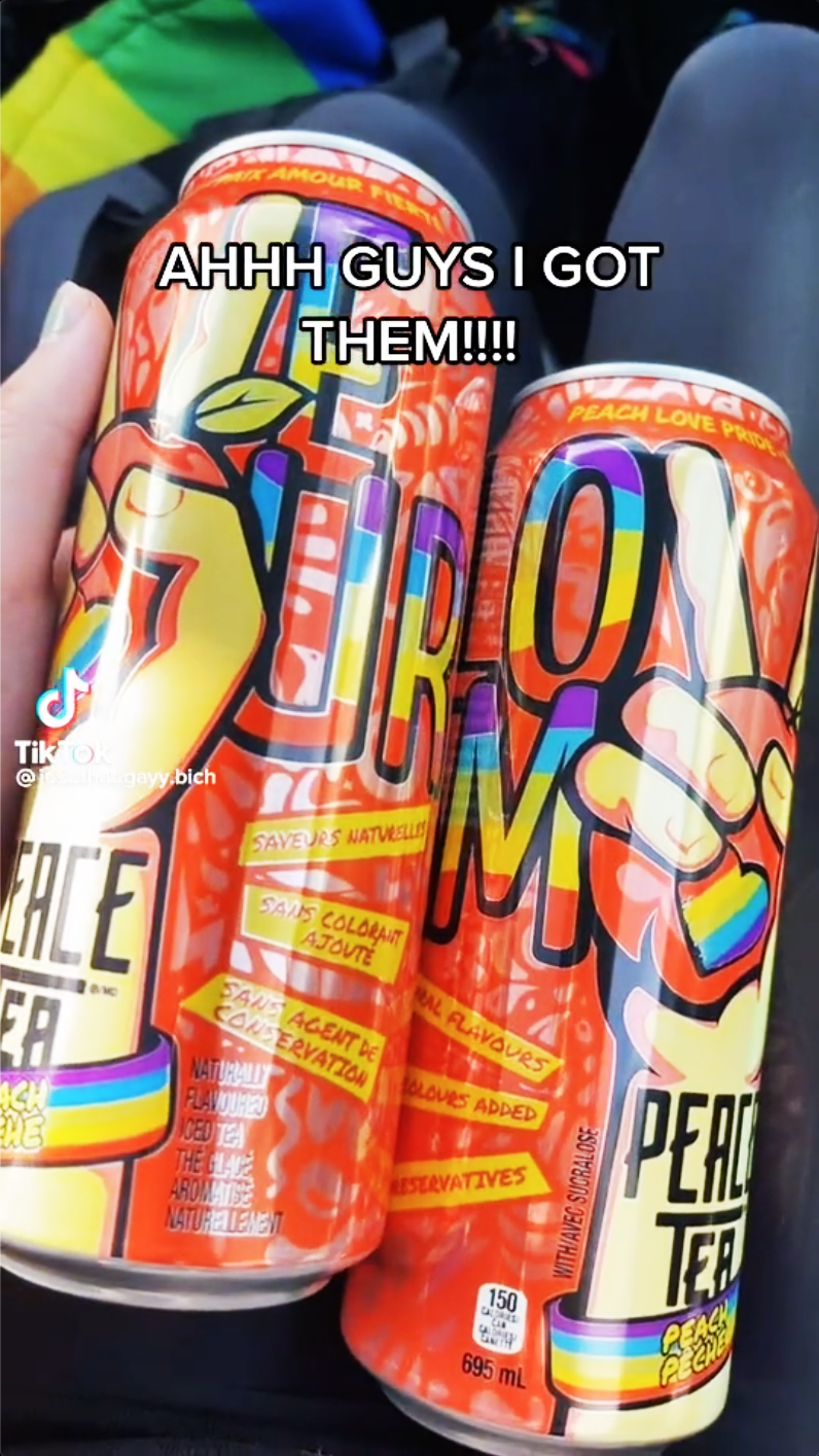 A TikTok screenshot captioned 'Ahhh guys I got them' of two Peace Tea Peach Love Pride cans
