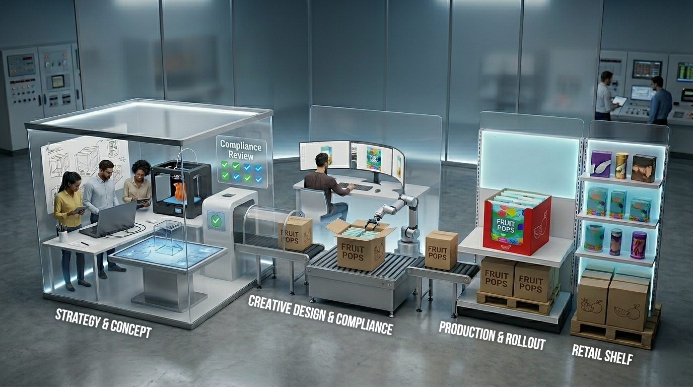 An isometric illustration of packaging stages under one roof: strategy and concept, creative design and compliance, production and rollout, retail shelf