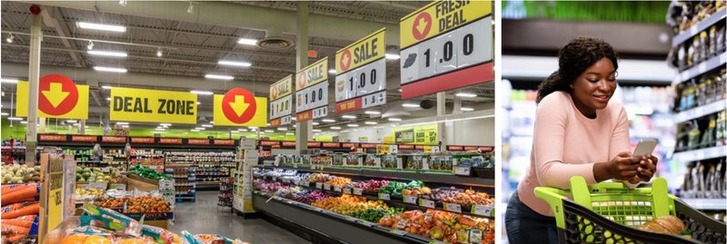 The yellow 'Deal Zone' sign over a FreshCo produce aisle, beside a shopper checking her phone at her cart