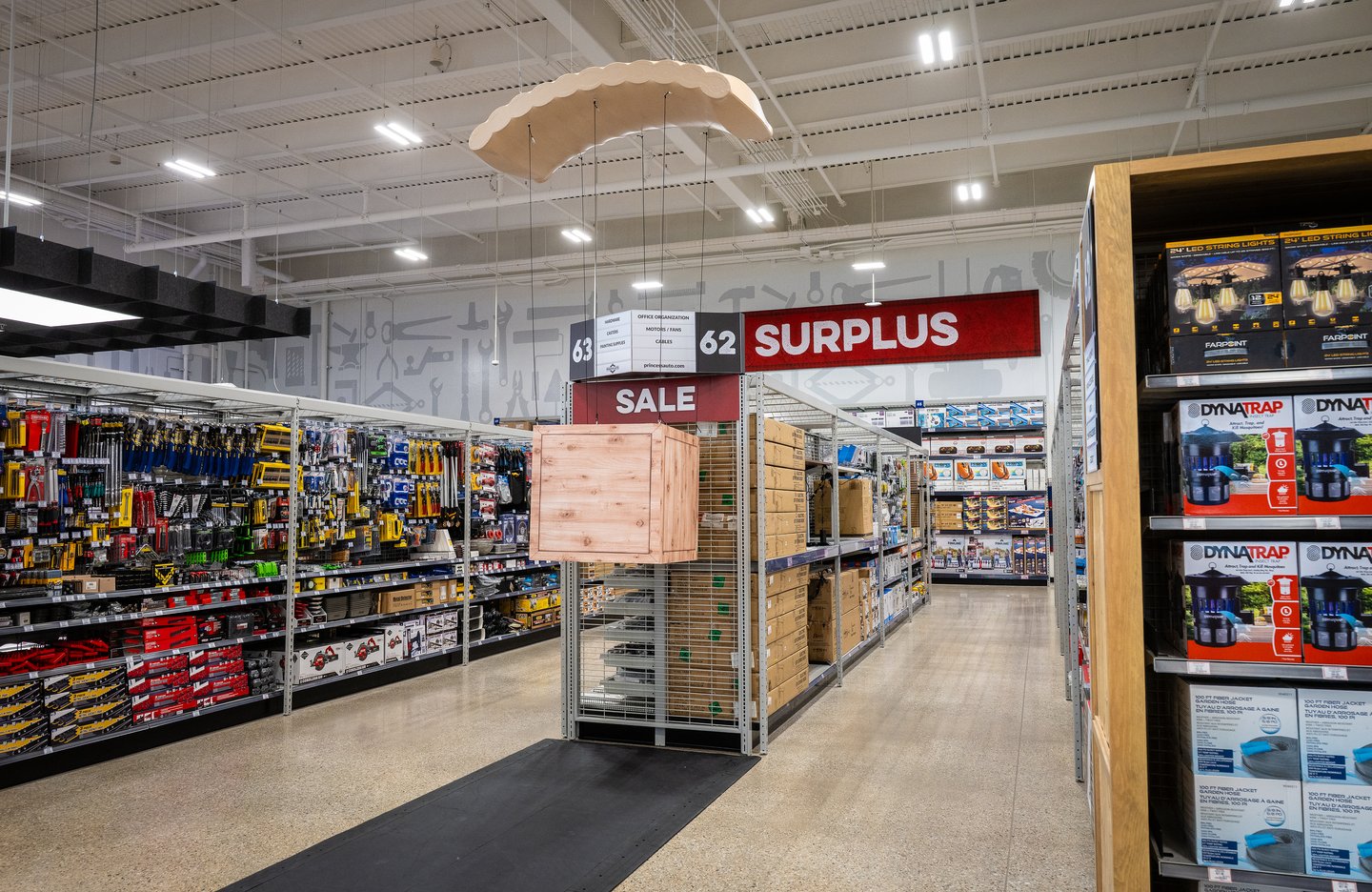 The Surplus department at Princess Auto, with red 'Surplus' and 'Sale' signs over the aisles