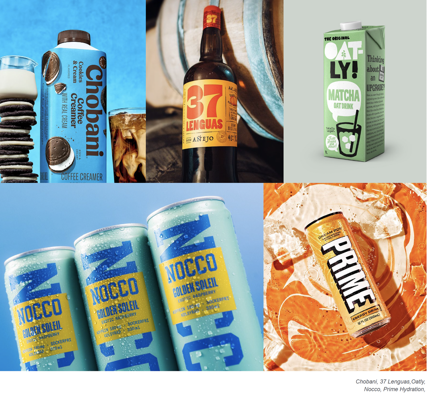 Typography-led packaging: Chobani coffee creamer, 37 Lenguas beer, Oatly matcha, Nocco cans and Prime Hydration