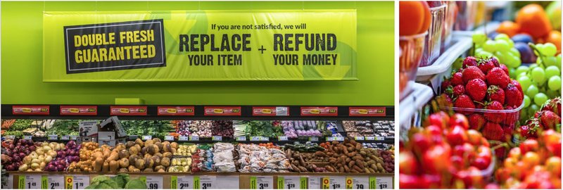 A FreshCo 'Double Fresh Guaranteed: replace your item and refund your money' banner over the produce aisle, beside a close-up of fresh produce