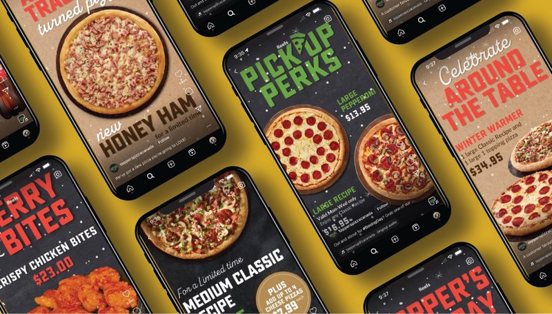 Phones showing Topper's Pizza social posts for honey ham pizza, pickup perks, Celebrate Around the Table and crispy chicken bites, on a yellow background