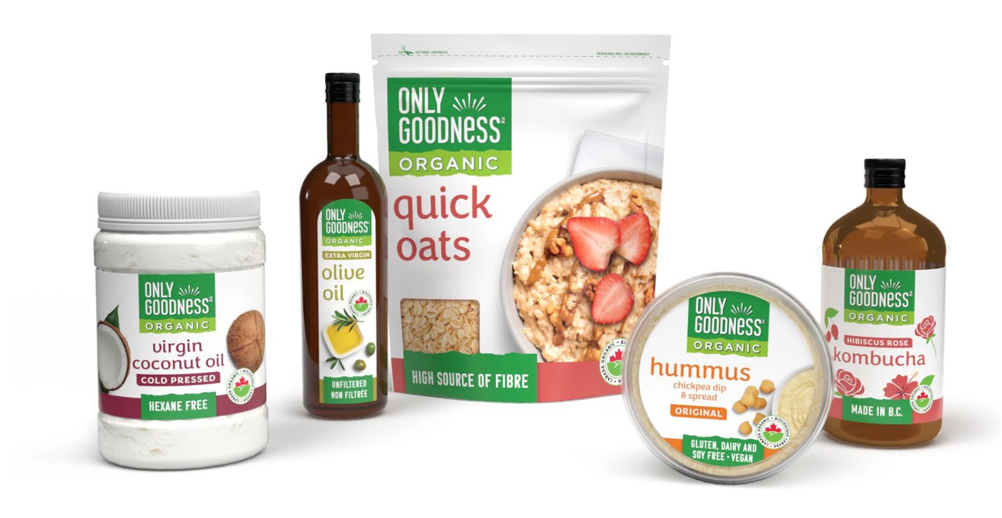 The Only Goodness line-up: virgin coconut oil, extra virgin olive oil, organic quick oats, hummus and kombucha