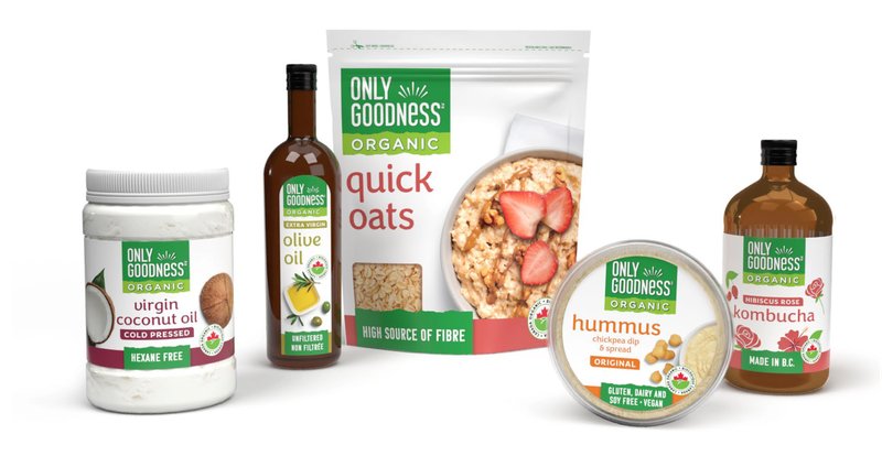 The Only Goodness line-up: virgin coconut oil, extra virgin olive oil, organic quick oats, hummus and kombucha