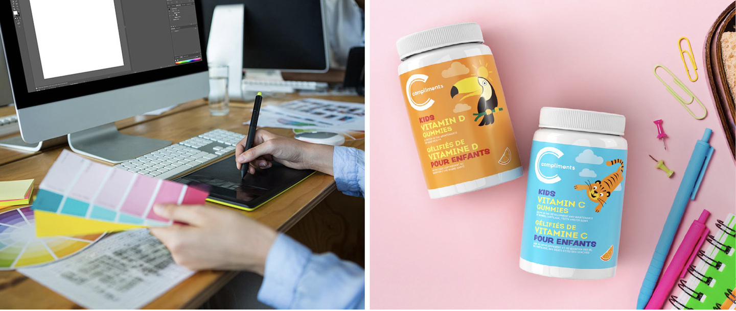 A designer's hand on a tablet beside colour swatches, and Compliments Kids vitamin gummies on a pink desk