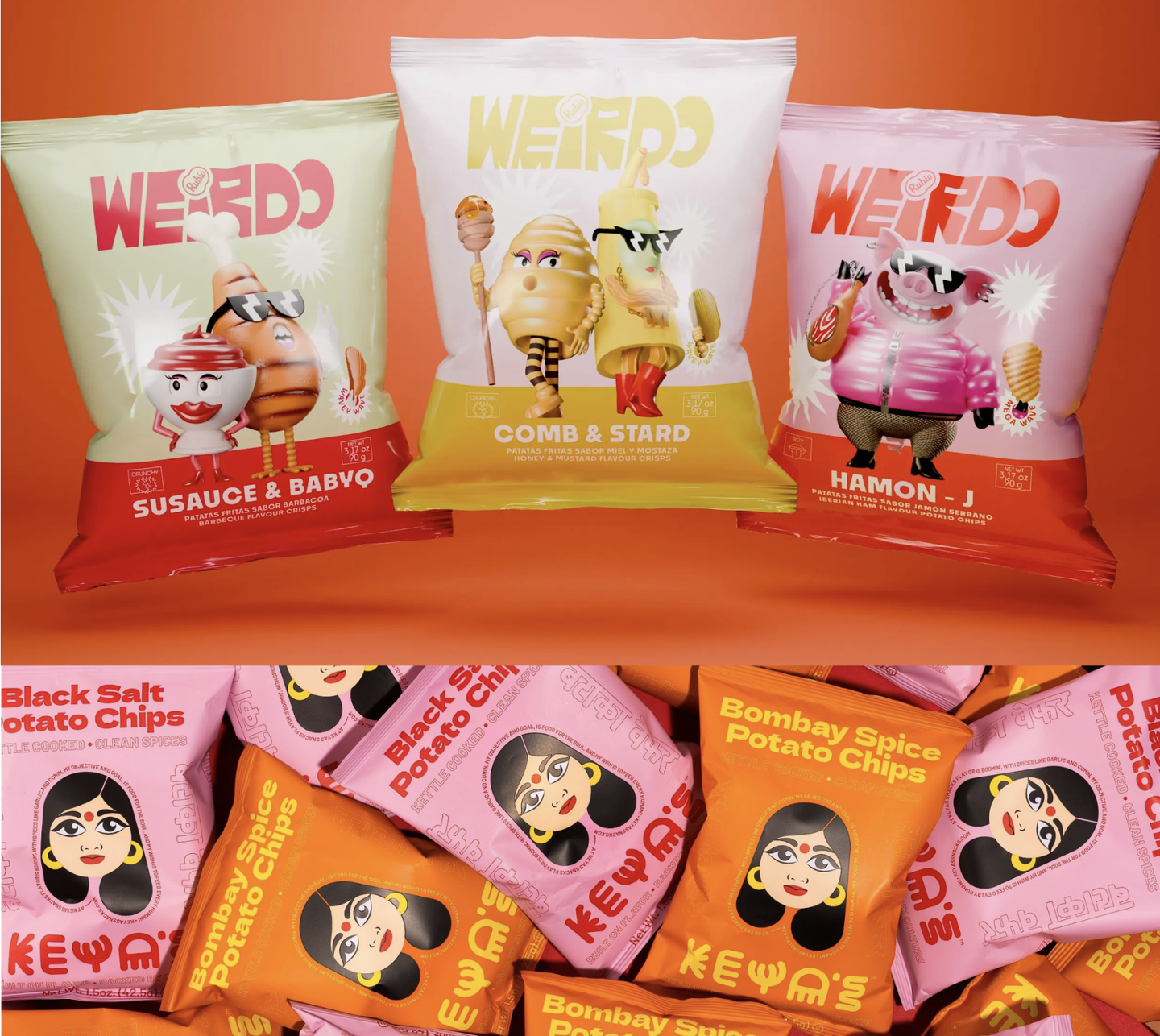Character-led packaging: Weirdo snack bags with cartoon characters, and Keya's chip bags with an illustrated woman's face