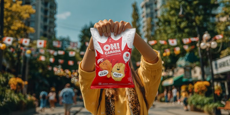 A woman in a yellow jacket holds a bag of Oh! Canada chips over her head on a city street hung with Canadian flags