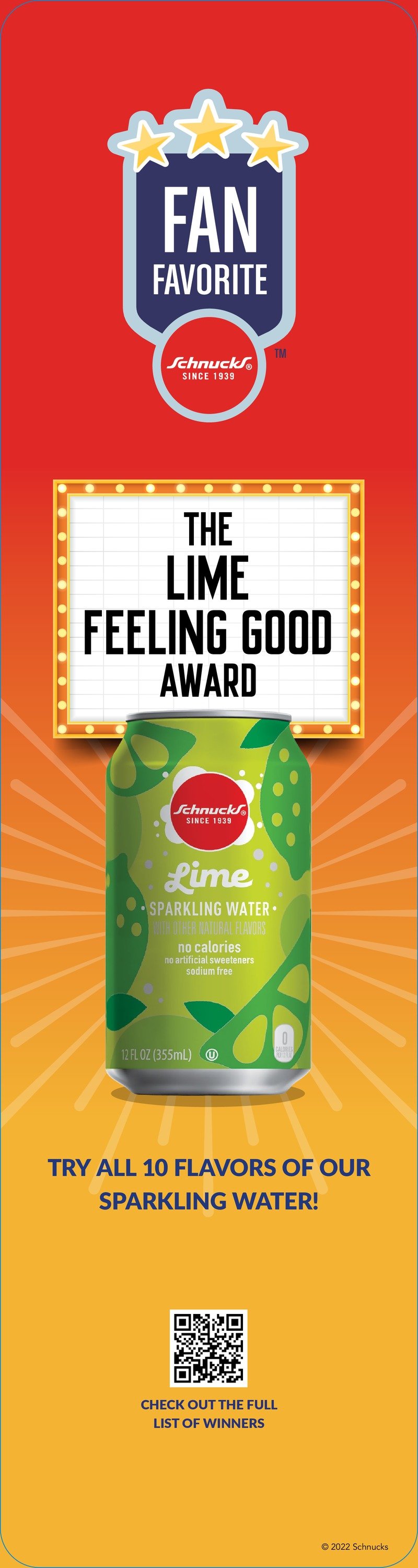 A Schnucks Fan Favorite blade sign: 'The Lime Feeling Good Award' for a can of lime sparkling water