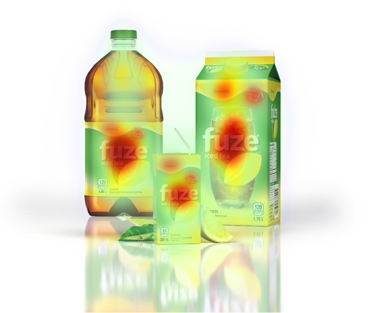 An eye-tracking heatmap over Fuze iced tea packaging, glowing where viewers looked first