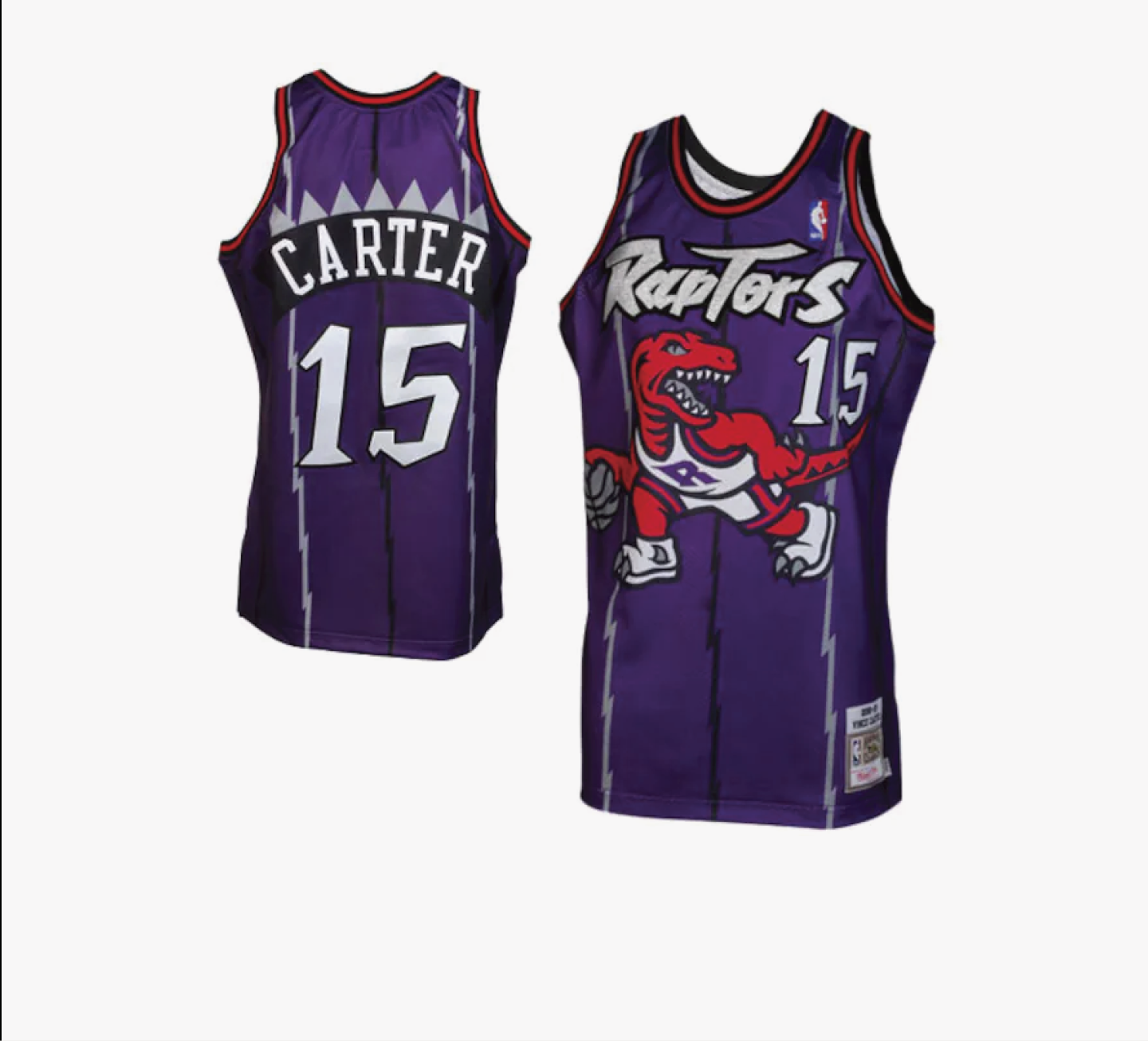 Front and back of the original purple Toronto Raptors jersey, number 15 Carter, with the raptor mascot across the chest