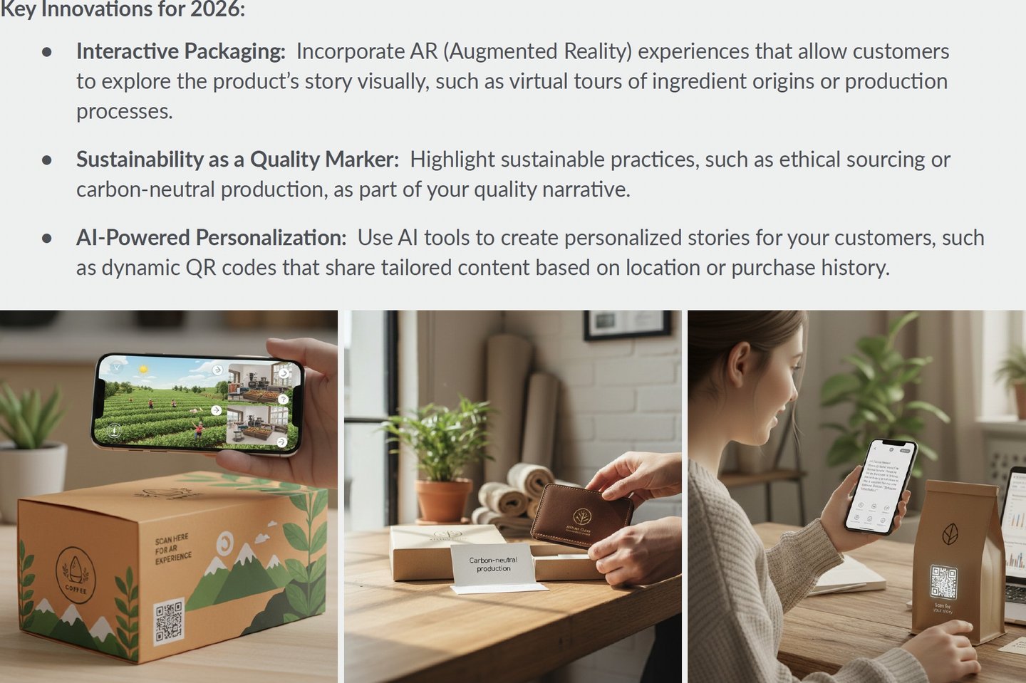 'Key innovations for 2026': interactive packaging, sustainability as a quality marker and AI-powered personalization, above photos of a QR-coded shipping box, a phone showing a farm and a woman scanning a coffee bag