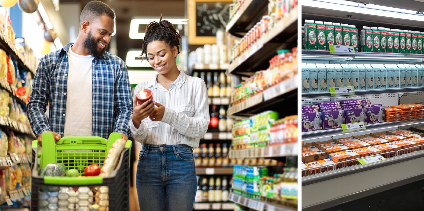 A couple shopping with a basket in a grocery aisle, beside a refrigerated case of Panache products