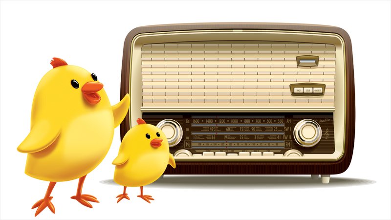 Cheapy the yellow chick and a smaller chick beside a vintage radio, for the FreshCo radio campaign