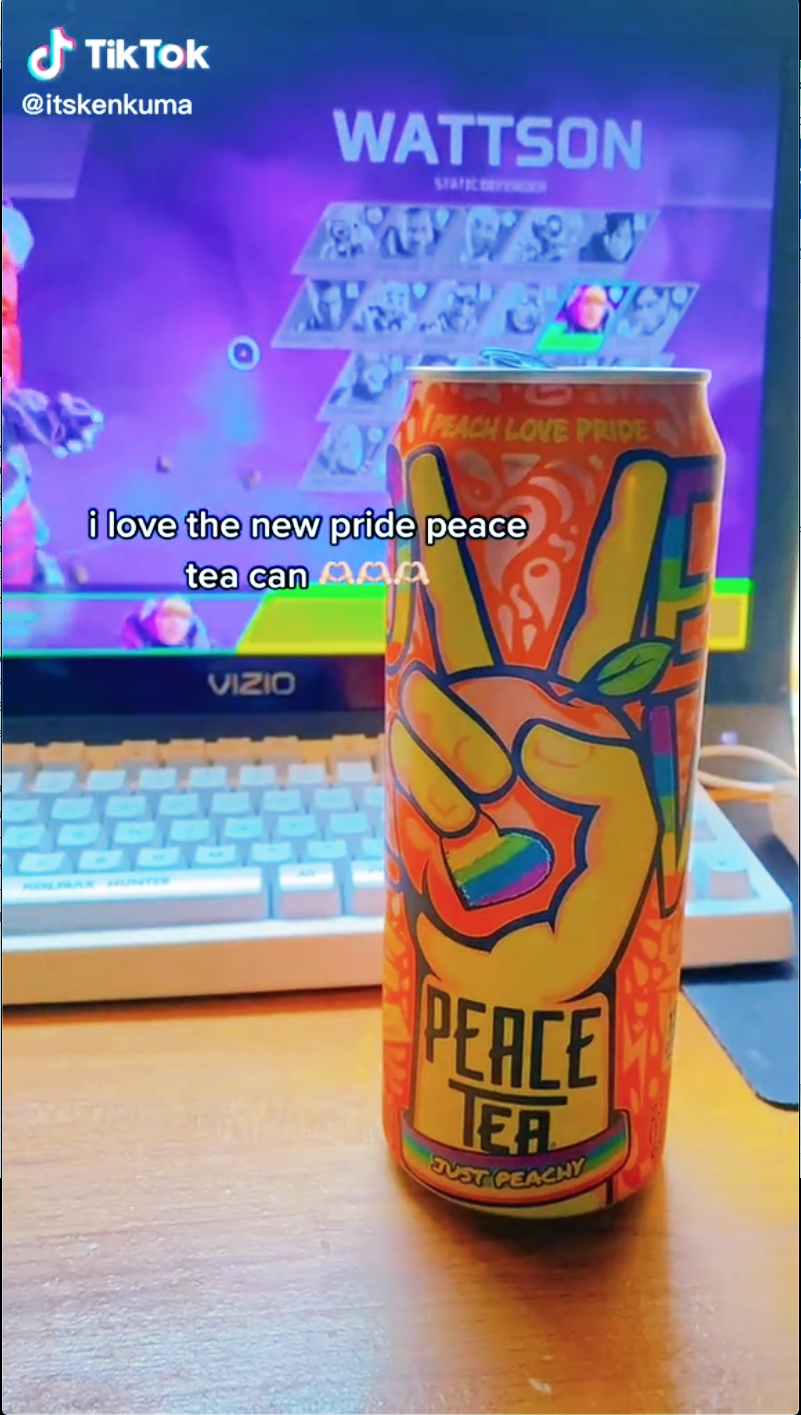 A TikTok screenshot of a Peace Tea Pride can on a desk, captioned 'I love the new pride peace tea can'