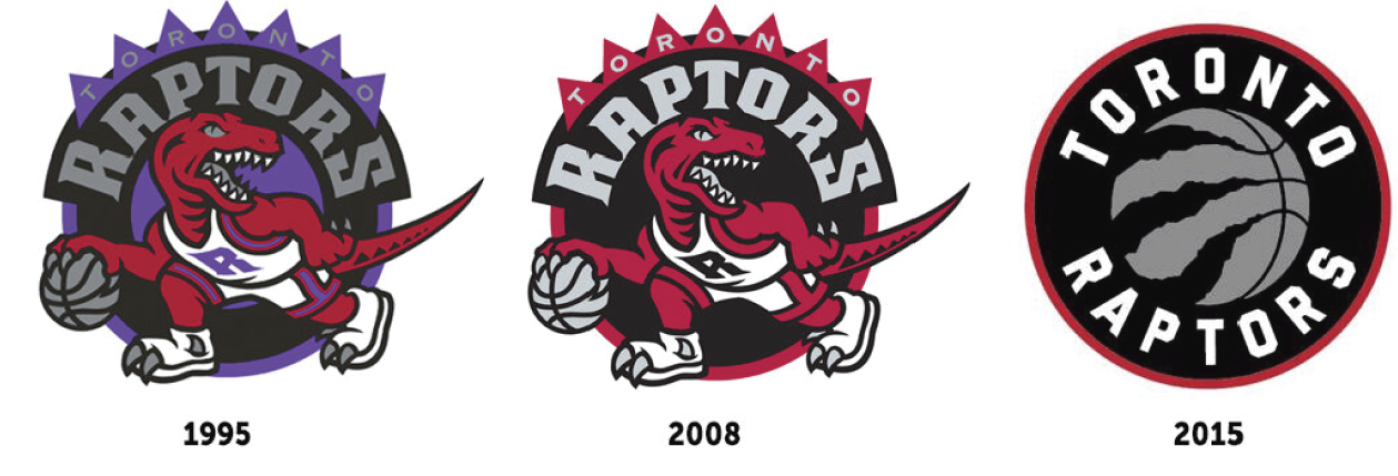 The Toronto Raptors' three logos side by side: the 1995 dribbling raptor, the 2008 red raptor and the 2015 clawed basketball
