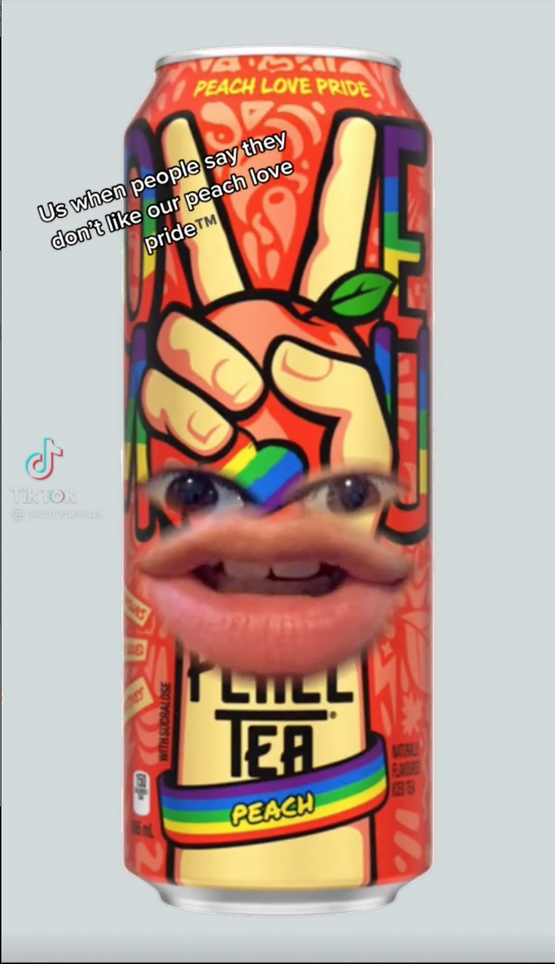 A TikTok screenshot with a talking mouth animated over the Peace Tea Peach Love Pride can