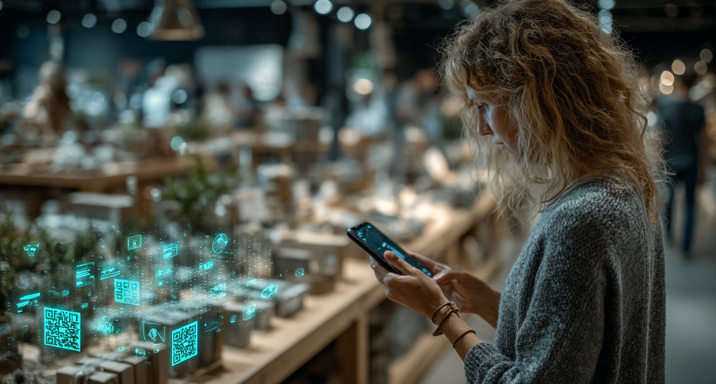 A shopper in a store checks her phone as product information floats over the shelves