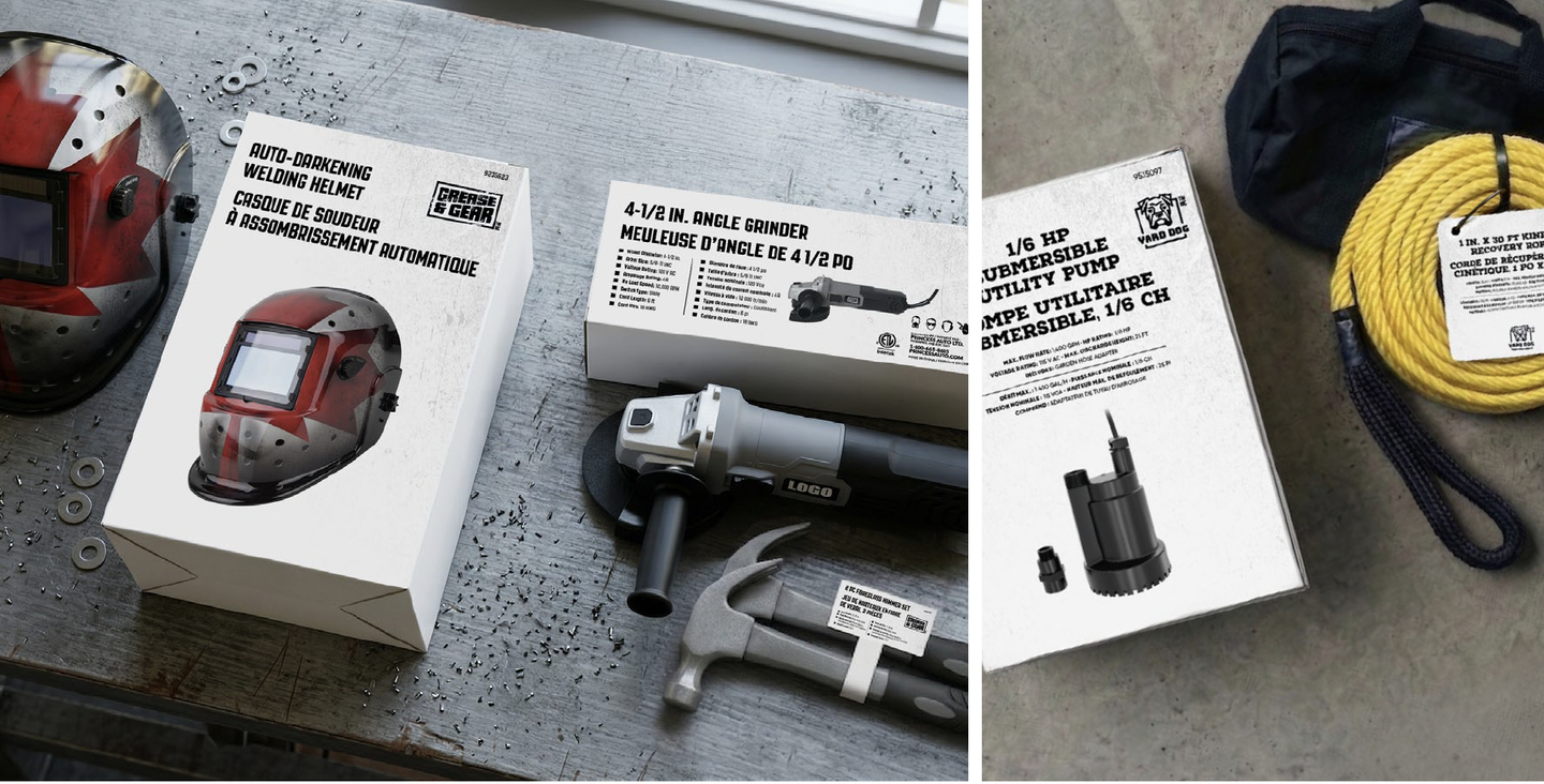 Princess Auto private brand packaging: a welding helmet, angle grinder, utility pump and a coiled yellow rope with their boxes on a workbench