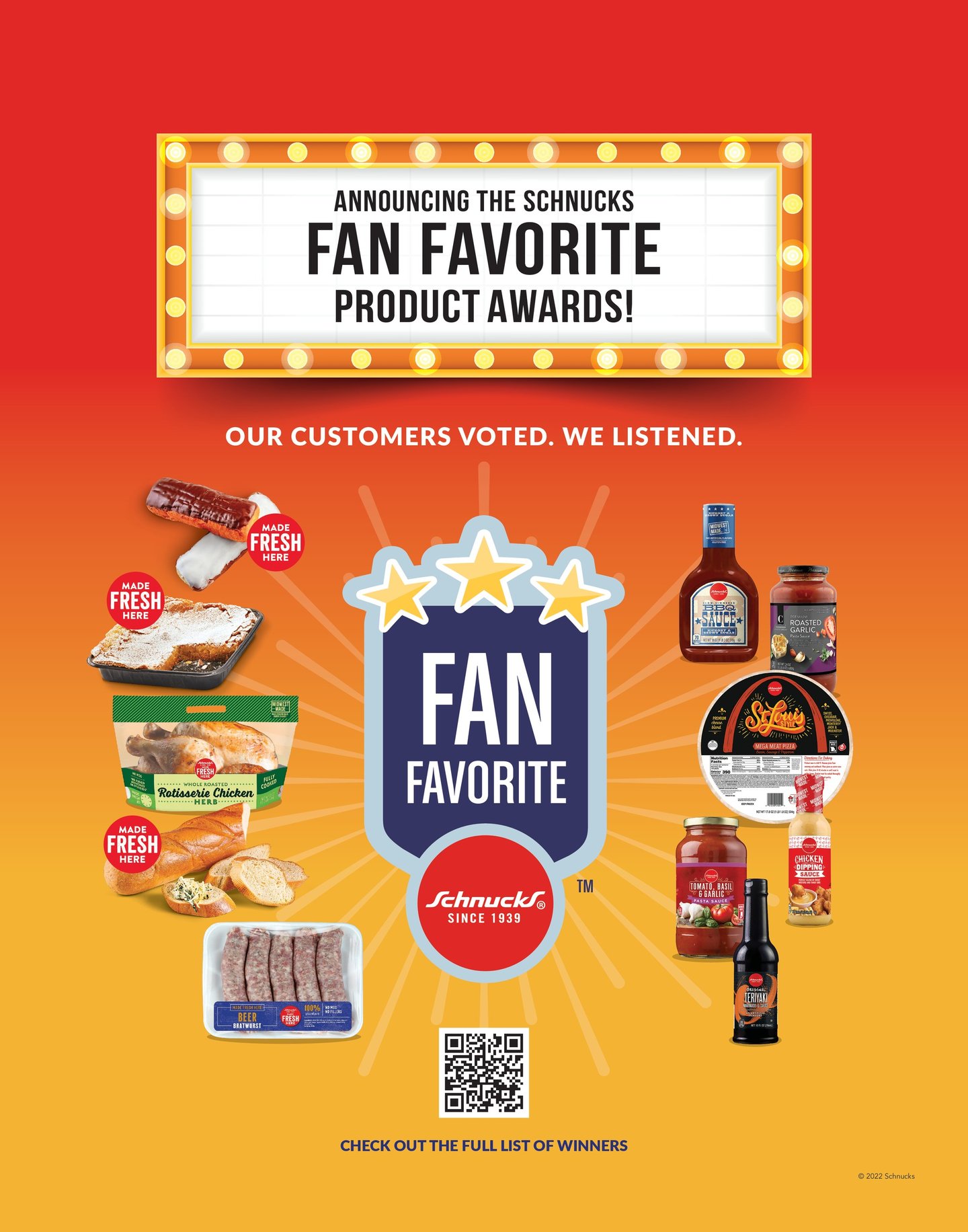 A Schnucks poster announcing the Fan Favorite Product Awards, 'Our customers voted, we listened', with the winning products around the badge
