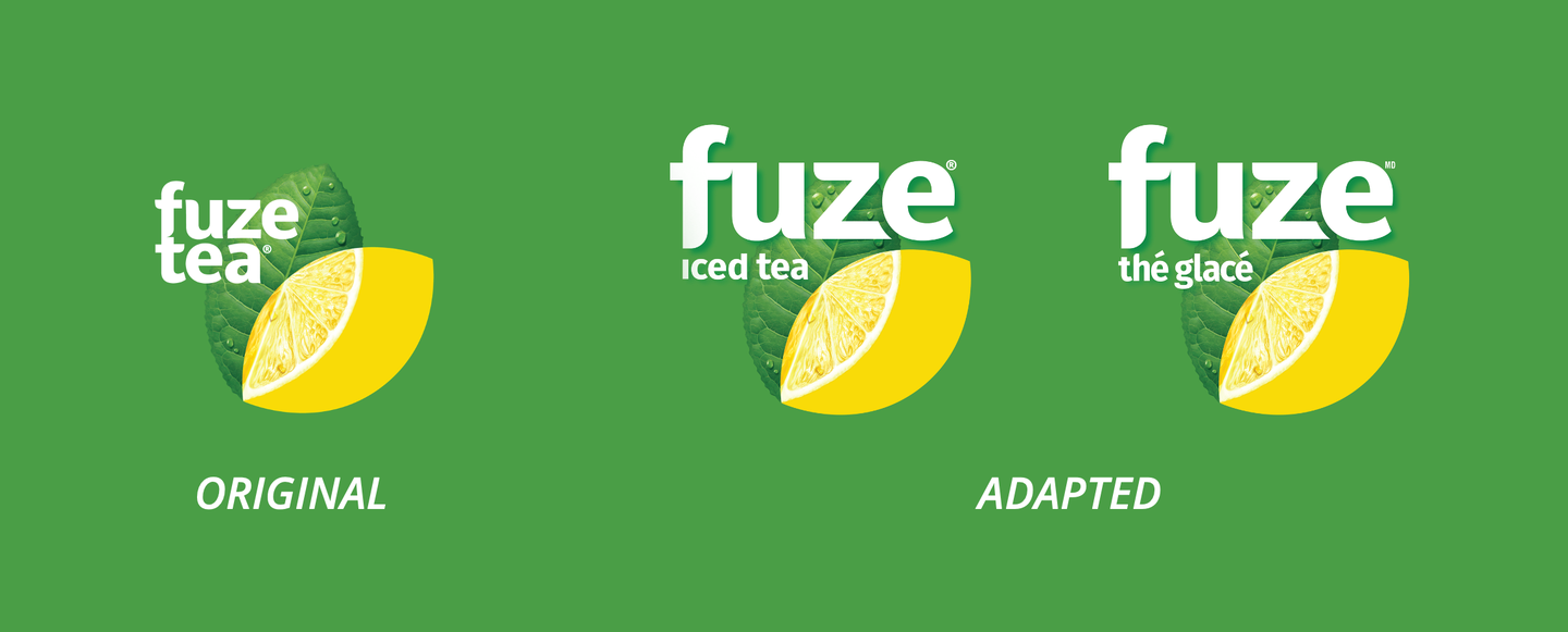 The original Fuze Tea logo beside the adapted Canadian logos, one reading 'iced tea' and one 'the glace', each with a lemon slice and leaf