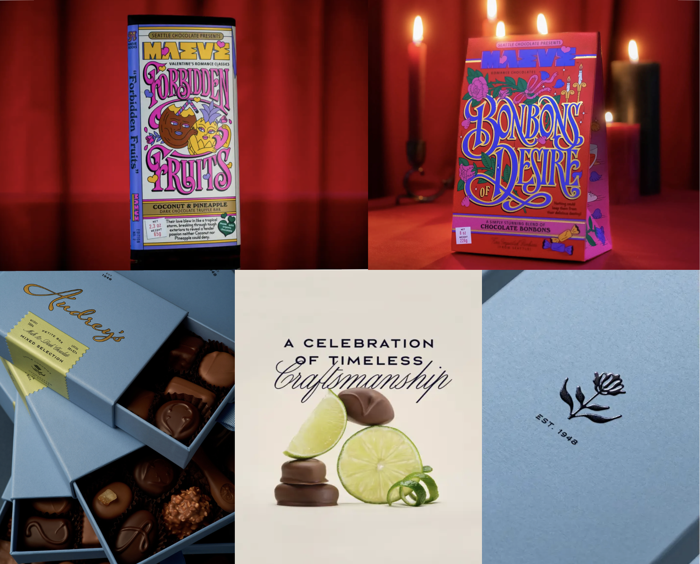 Luxury nostalgia packaging: ornate chocolate bars by candlelight, and a pale blue box of chocolates reading 'A celebration of timeless craftsmanship'