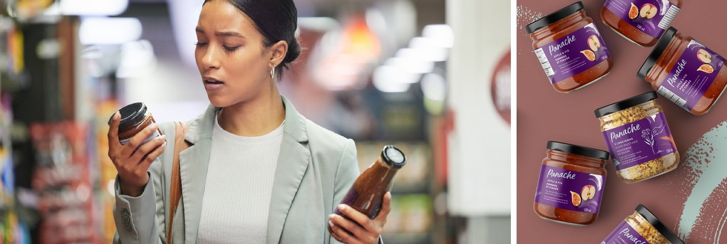 A shopper reading a Panache sauce bottle label in store, beside a flat lay of Panache jars