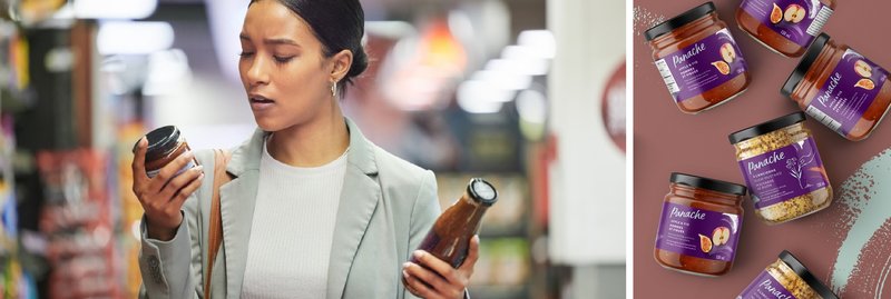 A shopper reading a Panache sauce bottle label in store, beside a flat lay of Panache jars
